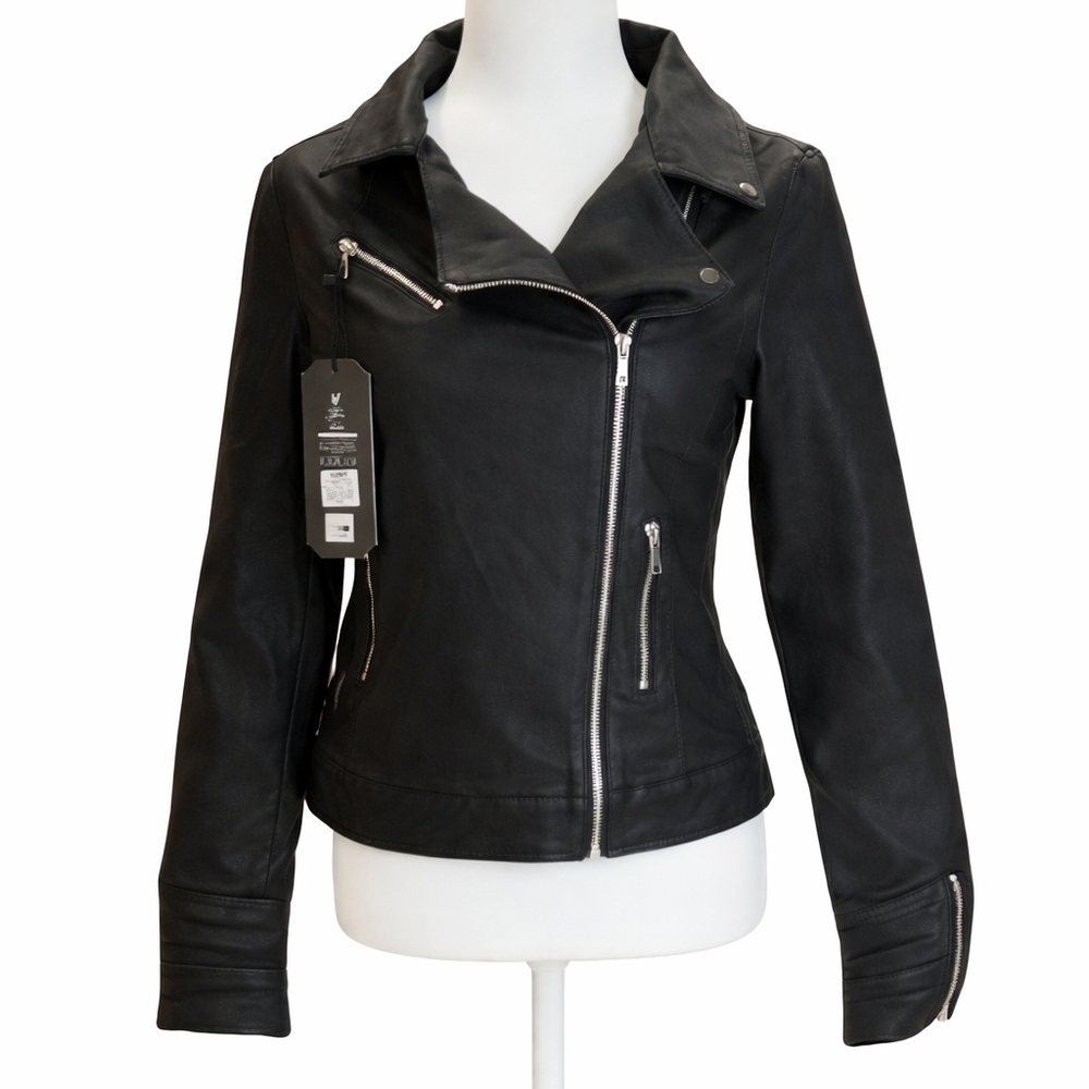 NWT Black Faux Leather Moto Jacket Women Zip Biker Style